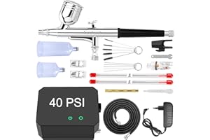 Powate 40 PSI Aerograph, Multi-Function Dual-Action Airbrush Set Compressor avec 0.2/0.3/0.5 mm Buses pour Nail Art, L'artisanat