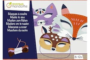 AVENUE MANDARINE - Kit creativo de máscaras animales de fieltro para coser – 1 máscara de zorro + 1 máscara de ciervo + 1 máscara de gato + 1 aguja + 3 ovillos de hilo – A partir de 6 años – KC093C