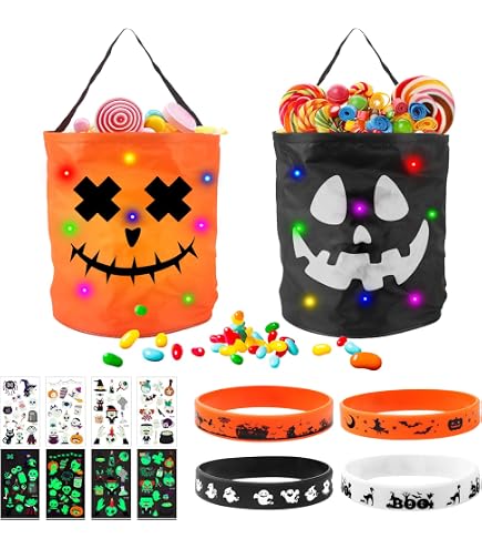 Seau à Bonbons Halloween LED - Forme Citrouille Lumineuse - Sac En Tissu Avec Poignée - Pour Enfants