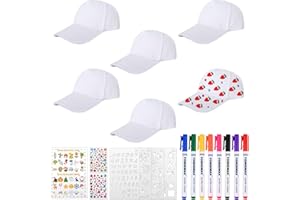 guobinZH 6 Pièces DIY Casquette de Baseball à Peindre Coton Blanc Chapeau de Graffiti pour Enfants avec 8 Pinceaux Autocollants en Pierre Précieuse Boîte Cadeau pour Enfants Sport Extérieur Sunhat
