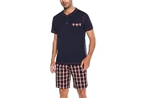 Litherday Pyjama Homme Ete Coton Ensembles de Pyjamas à Manche Court Vêtements de Nuit Courte à Carreaux Respirant Confortable Doux Deux Pièces
