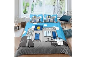 Loussiesd Polizei Muster Bettbezug Teen Jungen Blau Grau Kinder Bettwäsche Set 135x200cm niedlichen Karikatur Auto Schlafzimmer Dekor Bettwäsche für Mädchen Weiche Mikrofaser Betten Set