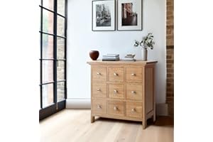 Hallowood Furniture Camberly Oak DVD CD Storage Unit, 9-Drawer CD Rack Media Oak Cabinet, Solid Wooden CD/DVD Storage Drawers, Holds 207 CDs or 63 DVDs