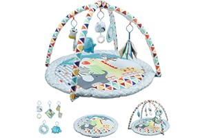 GoldEnough Baby Play Mat, Baby Gym PlayMat for 0-6months Newborn with Hanging Toys and Comfy Mats for Floor Play Playmats & Floor Gyms Toys, Animal-Themed Activity Gym for 0-36 Months Babies Infants