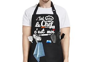 Dreaku Tablier Cuisine Homme, Noir Personnalisé Imperméable Tablier de Cuisine Homme Humour, Réglable Tablier Barbecue Homme für Cadeau Fete Des Peres Saint Valentin Noel Papa