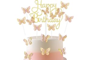 MCISKIN 13pcs Butterfly Happy Birthday Cake Toppers, Gold Pink Butterfly Cake Toppers for Cake, Glitter Butterfly Cake Decorations, Butterfly Theme Cake Cupcake Toppers for Girls Women Birthday Decorations