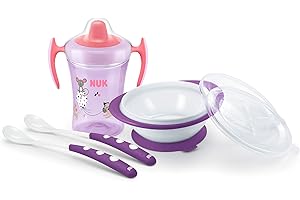 MAPA PROFESSIONAL NUK Learn to Eat Set | Trainer Cup Sippy Cup (230 ml) | Feeding Bowl and Feeding Spoons | 6+ Months | BPA-Free | Purple | 4 Count