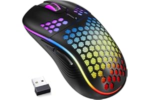 MELOGAGA Wireless Gaming Mouse Honeycomb 2.4G USB Cordless Mouse RGB Rechargeable PC Game Mice with 7-Color LED Lights，4 Adjustable DPI for Windows Laptop Desktop Computers -Black