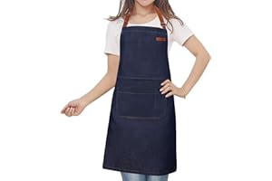 MaoXinTek Denim Delantal de cocina de mezclilla ajustable con bolsillo, delantal de cocina para mujer, hombre, para café, barbacoa, jardín, azul