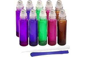 JAMHOODIRECT JHD - 10 botellas rellenables de cristal con bola para aceites esenciales, aromaterapia y fragancias, con abridor para las botellas y pipeta, ideal para uso doméstico y de viaje, 10 ml, 5 colores