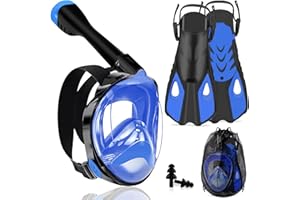 Joellfuner Máscara Snorkel Adulto, 180°Vista Máscara de Snorkel con Anti-Vaho, con Soporte de Cámara, Aletas Ajustables