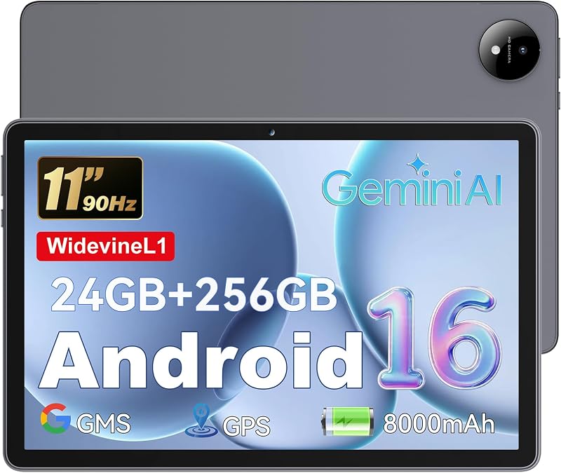 Hasskya 11 Zoll Tablet Android 16, Octa-Core Tablet, 24 GB RAM + 256 GB ROM + 1TB Erweiterbar, 1920x1200 FHD IPS-Display, GPS, Widevine L1, 8000 mAh, 8 MP + 13 MP, 5,8G + 2,4G WiFi, BT 5.2, Grau