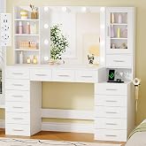 ANWBROAD Large Vanity with LED Light, Dimmable Brightness, Modern White | Makeup Vanity with Mirror and Sockets, Makeup Table