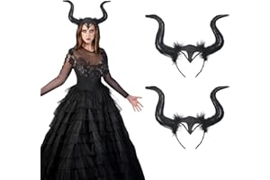 LANMOK 2pz Cerchietto con Corna Nere Copricapo Malefica con Peluche Regina Cattiva Accessori Costume da Donna per Halloween Terrore Festa Carnevale Cosplay
