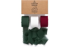 Vitalizart Ruban en Mousseline Bourgogne & Crème & Vert Foncé 2,5 cm x 19,2 m, Ruban en Tissu à Franges, Ruban de Noël pour Sapin de Noël, Couronnes, Décorations, Emballages Cadeaux