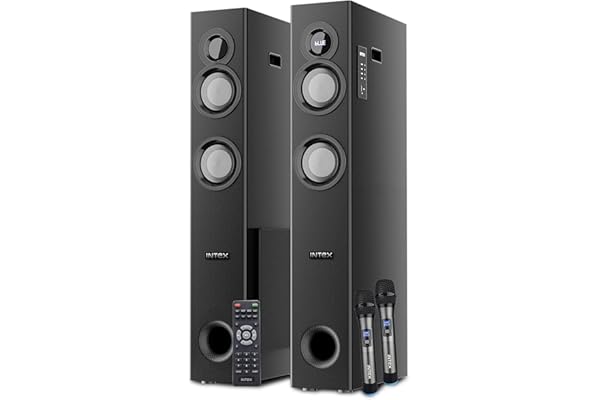 Intex 1500-D Multimedia 150 Watt Bluetooth Tower Speaker 2 Cordless Karaoke Mic & Party Speaker LED Display & Triple Bass Boosted Drivers Fully Remote Control (Black)
