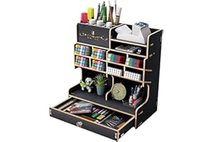 Vikmyer Wooden Pencil Holder, Desk Organizer Multi-Functional Desktop stationery Pen Holder Box for Home Office School Supply Storage Rack with Drawer (Black-b18)