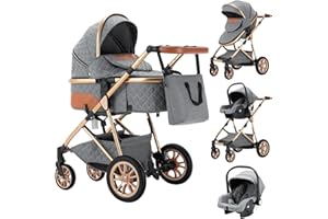 Zkiprm Carrito de Bebé 3 en 1 Empuje el Mango Ajustable Carrito de Bebé Portátil de La Ciudad con Asiento de Automóvil Marco de Aleación de Aluminio Absorción de Impactos Paisaje alto Subgris