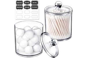 SheeChung 2 Pack of 12 Oz. Qtip Dispenser Apothecary Jars Bathroom with Labels - Qtip Holder Storage Canister Clear Plastic Acrylic Jar for Cotton Ball,Cotton Swab,Q-tips,Cotton Rounds (Small)