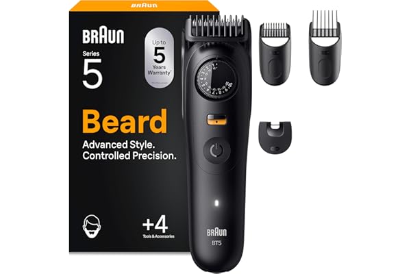 Braun Tondeuse À Barbe Series 5, + 4 Outils pour Créer Son Style, Lame Ultra-Affûtée, 120 min d'autonomie, 40 Longueurs, Étanche, Molette de Précision et Verrouillage, BT5520, Noir