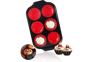 Vicalo Moules à muffins, mini moules à muffins en silicone et acier au carbone, peut contenir 6 muffins, revêtement anti-adhésif résistant aux hautes températures, cupcakes, brownies (rouge)