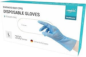 EUROPAPA® 100, 200, 300, 450 Pezzi, Guanti Monouso In TPE, Trasparenti E Blu, In Scatola, Guanti Monouso Senza Lattice, Guanti In Gomma Senza Polvere, Taglia S, M, L, XL (Blu 200, L)