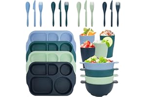 CSYY Ensemble de vaisselle incassable pour 4 personnes, 24 pièces d'assiettes divisées en plastique, ensemble de couverts, ensemble de vaisselle réutilisable pour adultes, enfants, école, bureau, fête