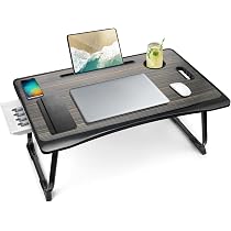 Supporto per computer portatile letto, tavolo da letto con refrigeratore per PC portatile, supporto per tablet, cassetto, regolabile in altezza e angolo-60 x 40 x 26-39 cm, nero