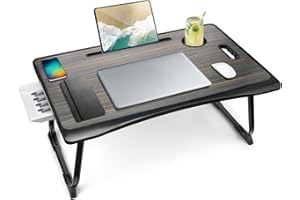 Amaredom - Vassoio da scrivania per computer portatile, pieghevole, portatile, supporto da lettura con cassetto e portabicchieri, per mangiare la colazione sul letto/divano/divano-nero