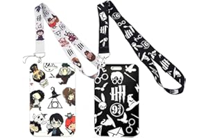 HOMEK 2 pièces Porte Badge Cordon Tour de Cou avec Porte-cartes, Harry Potter Porte Badge Strap Neck pour Porte Badges d'Identification, Cartes d'étudiant Clés Exposition Bureau, Blanc Noir
