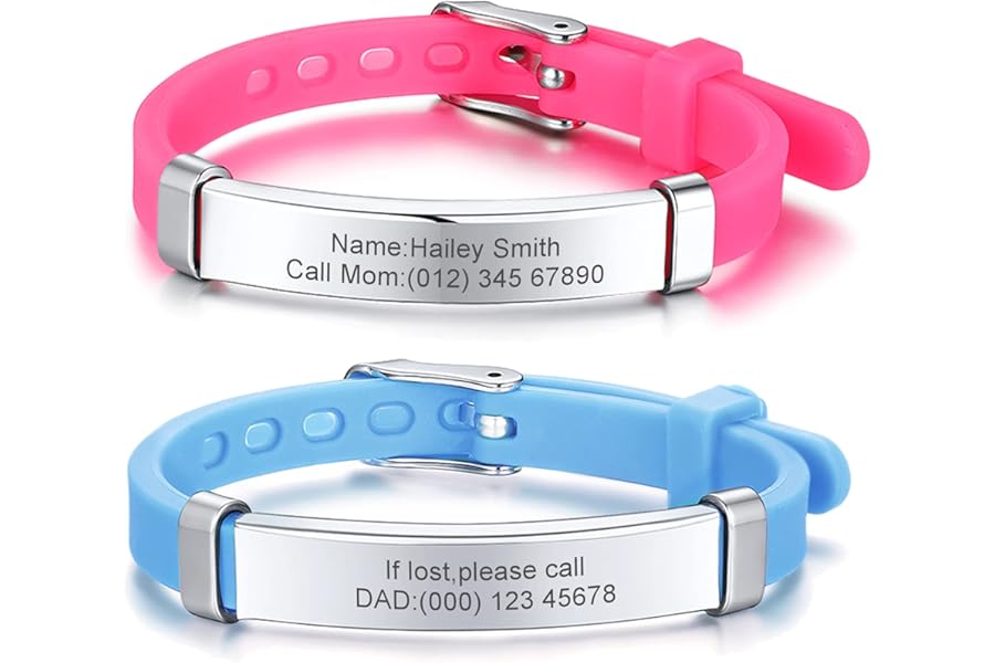PJ JEWELLERY Pack of 2 Assorted Color Personalised Stainless Steel Soft Silicone Child Safety ID Bracelets Adjustable Anti-Lost ID Wristbands for Kid Girls Boys