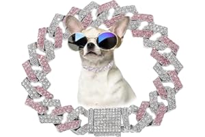 HOTLION Rose Gold Dog Chain, Diamond Cuba Link Dog Collar Metal Dog Necklace Cat Chains Pet Crystal Collars Jewelry for Small Medium Large Dogs Cats, 18-inch