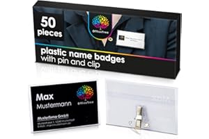 OfficeTree 50 x Name Badges with Clip and Pin Integrated - Including 60 x Cards to Print On - Name Badge Holders for Business Cards - Plastic Name Badges - Clear Badge Holder - Conference Badges