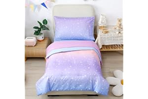 STYHO Toddler Duvet Cover and Pillowcase Set Gradient Purple Pink Kids Children Quilt Cover Colorful Rainbow Stars Moon Pattern Bedding Set for Cot Bed(Pink Purple, Cot Bed)