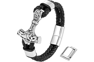 JUZICHEN Brazalete Martillo De Thor, Pulsera Vikinga Hombre, Pulsera Tejida Con Cierre Magnético, Pulsera Nudo Celta, Pulsera Cuero Hombre, Brazalete Vikingo, 21cm, (Con Caja De Regalo)
