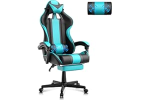 Ferghana Silla Gaming Ergonomica con Masaje Racing y Reposapiés, Sillon de Juegos Gamer con Reposacabezas Reclinable para Oficina Miami Azul
