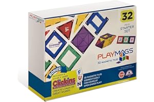 Playmags Set di Piastrelle Colorate a 32 Pezzi, Piastrelle di Edificio Magnetico pluripremiato Unico per Bambini, creatività ed Edificio educativo Giocattoli per Bambini, Stelo Approvato (32 PC)