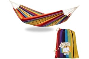 AMAZONAS Hamac classique XL Barbados Rainbow fait à la main au Brésil jusqu'à 200 kg de capacité de charge avec 230 x 150 cm pour 1-2 personnes en rayures multicolores longueur totale 340 cm