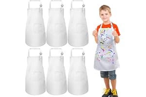 umboom 6 Piezas Delantales Blanco para Niño, Delantal de Cocina para Niña, Ajustable Infantil Delantal con 2 Bolsillos, Escuela Delantales para Pintar, Hornear, Cocinar, Manualidades, Jardín