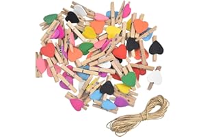 EMPEROCH 50 Pinzas Clips de Fotos, Clips de Madera para Fotos Pinzas de Madera Decorativas, Mini Pinzas Ropa con Forma de Corazón de Colores, con 10M Cuerda de Yute