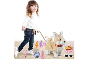 MARSJOY Corgi Walking Puppy, Barking & Singing, Dancing with Leash, Wagging Tail, Electronic Robot Dog Plush Stuffed Animal for Kids