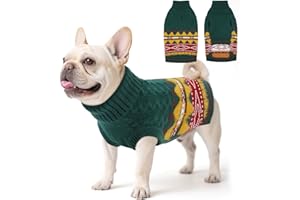 Hjumarayan Pull-Overs pour Chiens - Fair Isle Pull Noel Chien Moyen Pull Over Hiver avec Trou pour Harnais Col Roulé Sweat Tricot Chaud Facile à Enfiler pour Bouledogue Français (1–24 kg) Vert L