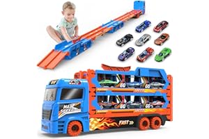 BAKAM Race Tracks Set for Kids Ages 3-5, Tracks for Toddlers 2-4 Years, Car Carrier Trucks Garage Toys for 3+ Year Old, Toys for Ages 2-4, 3 Year Old Boy Birthday Gift (Blue)