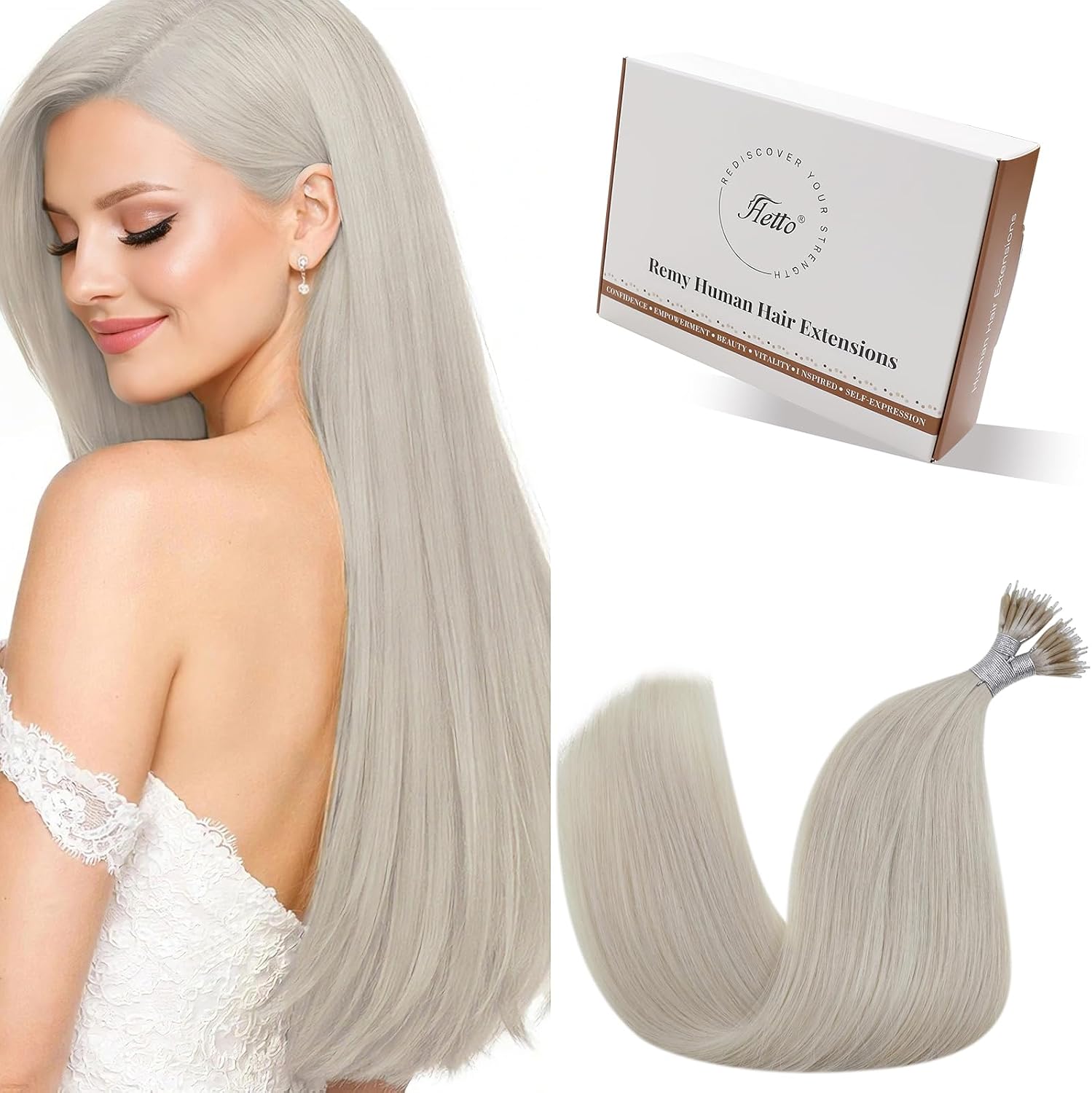 Hetto Nano Hair Extensions Real Human Hair Blonde - Invisible Nano Rings Hair Extension, Platinum Blonde Nano Beads Remy Hair Straight Fashion Styling for Party 50 strands 50 g 14 Inch #60