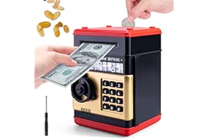 Piggy Bank Boalord, PhilaeEC Kids Toys Gifts for 4 5 6 7 8 9 10 11 12 13 Year Old Boy and Girl, Children Real Money Safes Electronic ATM Machine Cash Coin Can Box with Password Protection (Black Gold)