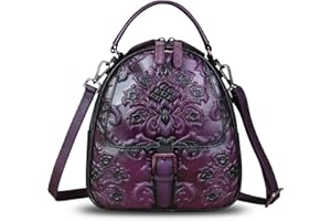 IVTG Genuine Leather Satchel for Women Embossed Leather Top Handle Handmade Purse Vintage Handbags Convertible Backpack