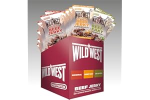 Wild West Beef Jerky Mix Box 60 g, lot de 12 avec 4 pièces d'origine, 4 barbecues au miel, 4 bûches Jalapeno, viande de bœuf séchée, boeuf Jerky high protéine, collation aux protéines