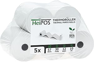 HeiGroup - HeiPOS 5x rotoli termici BPA free (W/Ø) 57mm / 30mm - lunghezza 10m, anima Ø 12mm, peso 52 g/m2, spessore 60 µm, durata di conservazione 10 anni