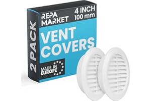 Repa Market 100mm Pack of 2 White Vent Cover with Mesh Screen - Plastic Soffit Ventilation Grill - Louvered Vent for Indoor, Outdoor Wall Ducting - HVAC Louvre Grille for Kitchen, Bathroom