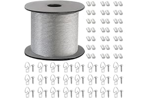KULANNDER Marco de Imagen Juego de Cables Colgantes Bobina de Alambre Revestida de Acero Inoxidable Trenzado de 1,5 Mm x 100 Pies y 30 Piezas de Anillo En D y 30 Tornillos y 30 Tubo de Engarce.